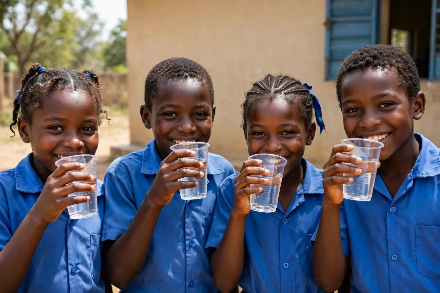 Four pupils in blue uniforms smile while drinking cups of safe water