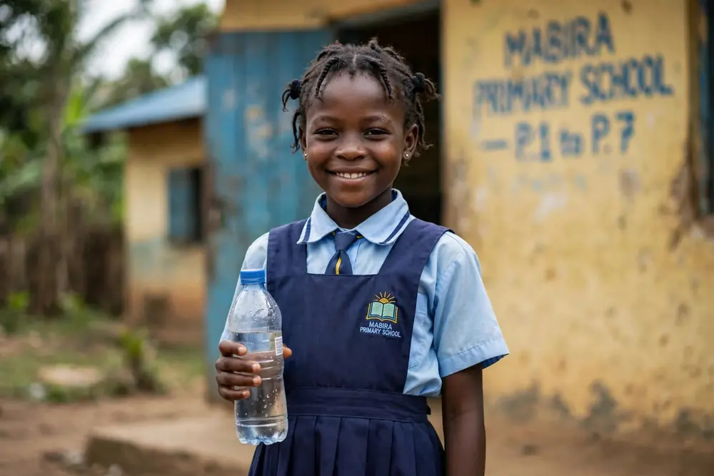 A pupil at the gate of a partner primary school