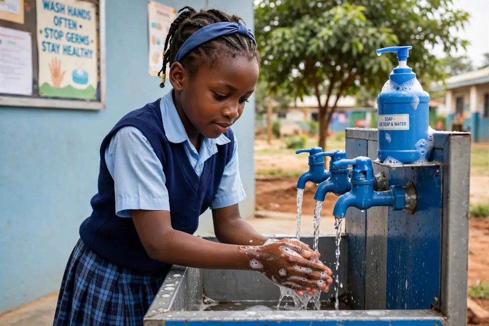 A pupil washing her hands at a school handwashing station