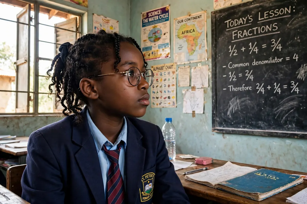 A pupil wearing glasses works through exercises at the blackboard